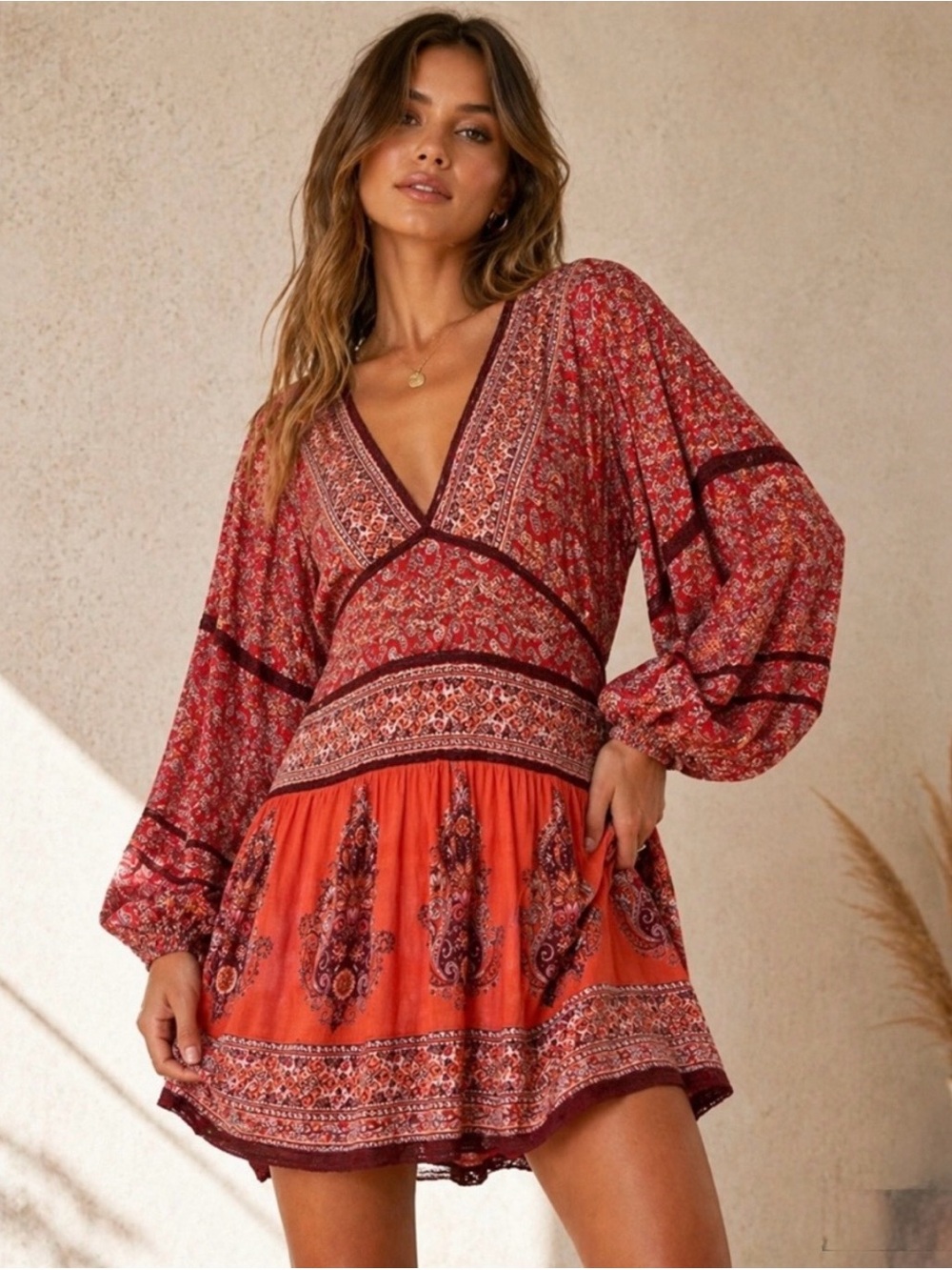 Bohemian Red V-Neck Long Sleeve Mini Dress